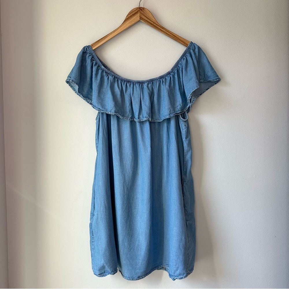 Tensel Chambray Off The Shoulder Ruffle Mini Dress Size L